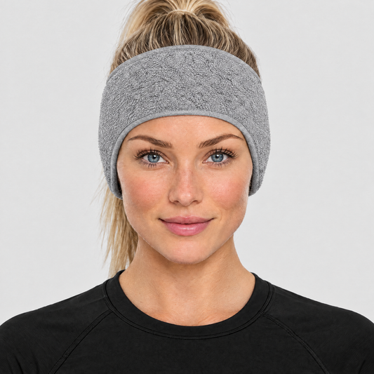 Runner wearing the grey fleece ear warmer headband