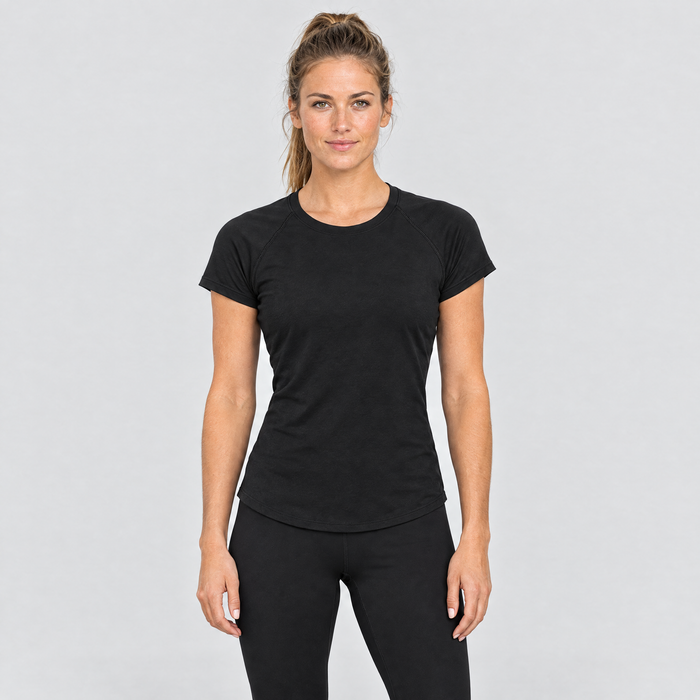 Woman wearing the black fitted running t-shirt, front