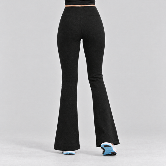 Black fleece-lined flared tights seen from behind