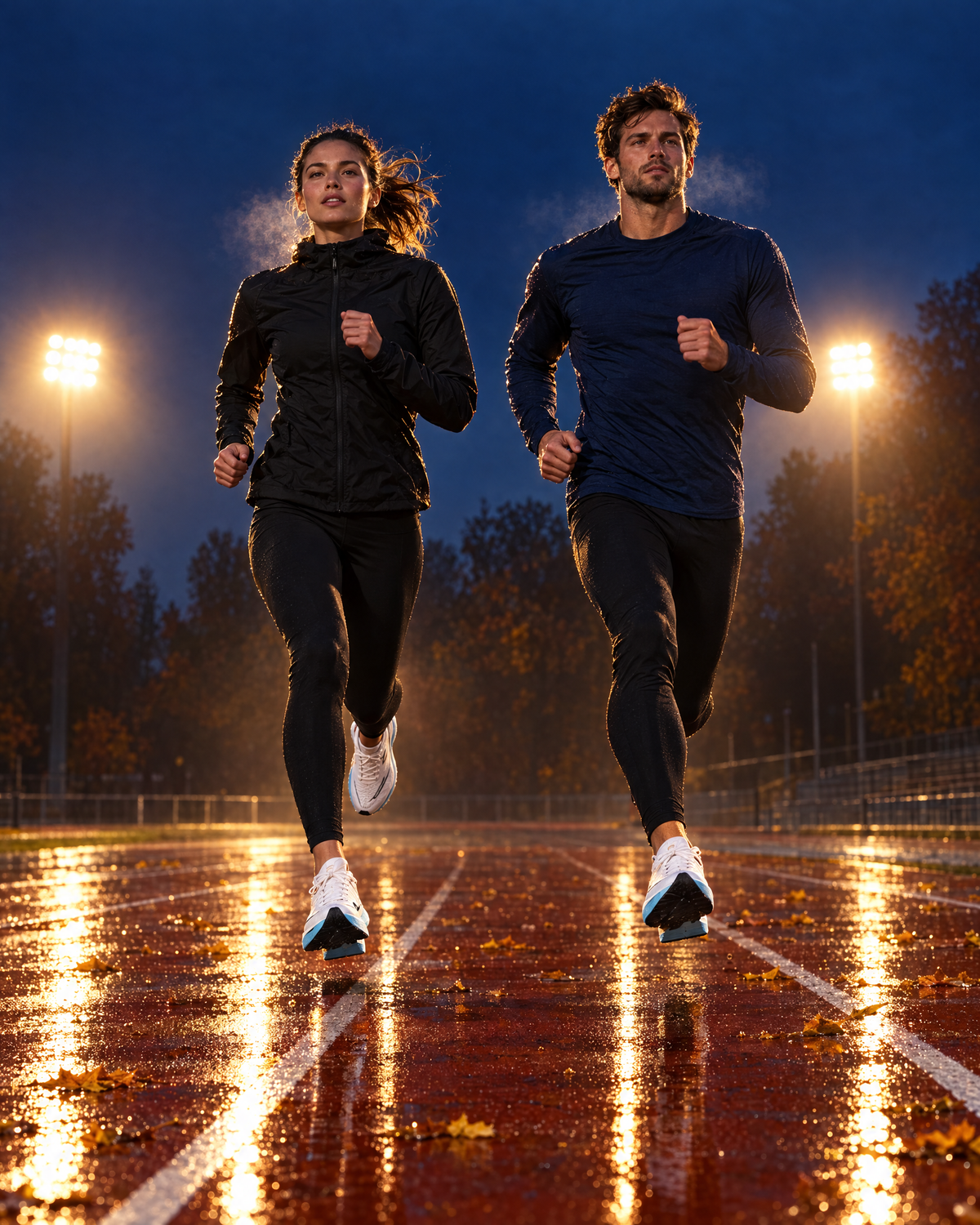 Two runners on a wet track under floodlights