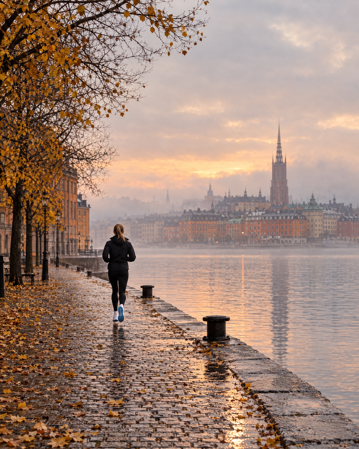 Runner on the Stockholm waterfront at dawn