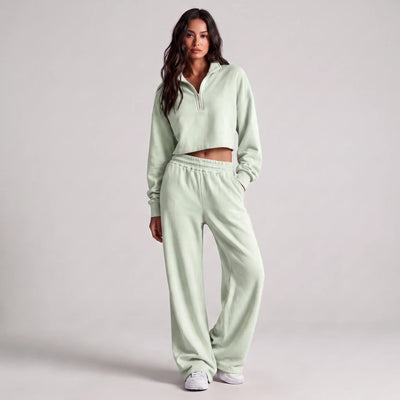 Women's Post-Run Recovery Set | Cropped Half-Zip Sweatshirt & Wide-Leg Sweatpants