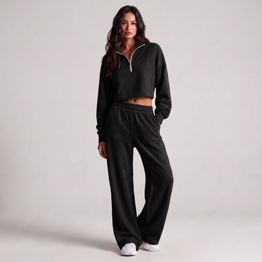 Women's Post-Run Recovery Set | Cropped Half-Zip Sweatshirt & Wide-Leg Sweatpants