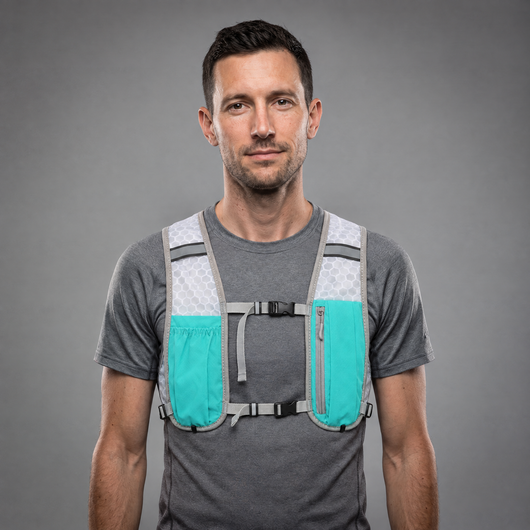 Man wearing the light blue lightweight running vest in studio
