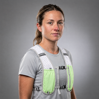 Woman wearing the green lightweight running vest in studio