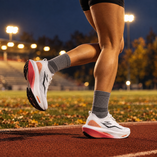 Woman running in grey toe running socks