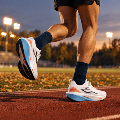 Man running in navy toe running socks