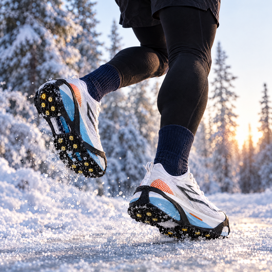 Man running on a snowy trail with ice cleats
