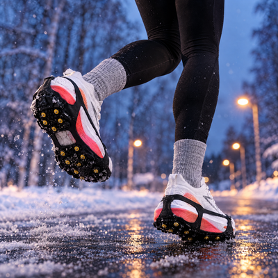 Woman running on an icy road with ice cleats