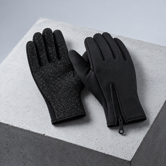 Black touchscreen running gloves on a concrete block
