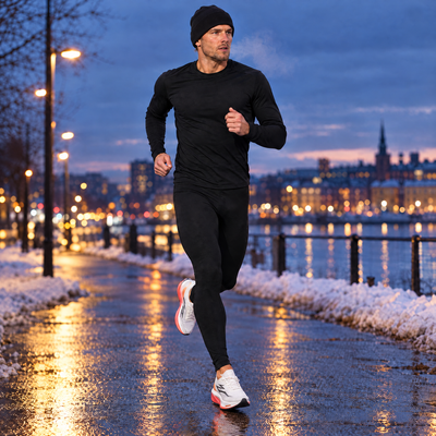 Man running on a city path on a winter evening in fleece-lined running tights