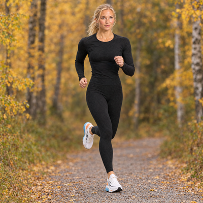 Woman running on an autumn forest trail in seamless scrunch leggings
