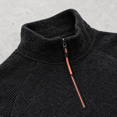Close-up of the half-zip collar and textured knit