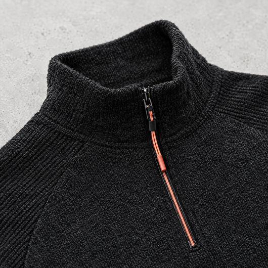 Close-up of the half-zip collar and textured knit