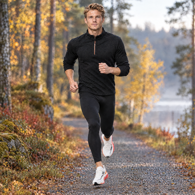 Man running on a forest trail in the half-zip running top