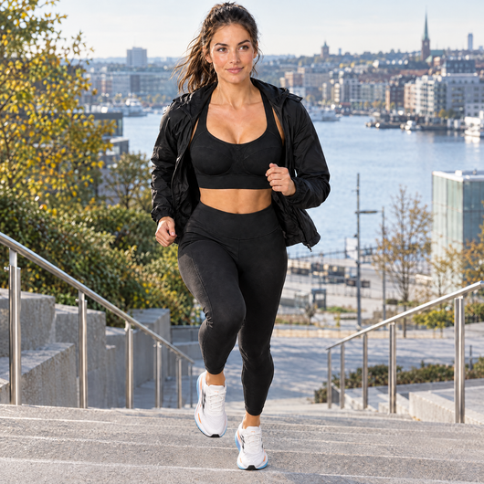 Woman running up city stairs in the high-support sports bra