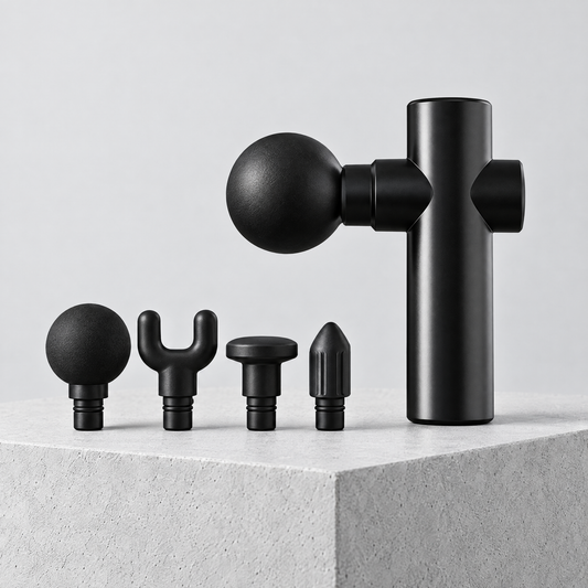 Black mini massage gun with four heads on a concrete block