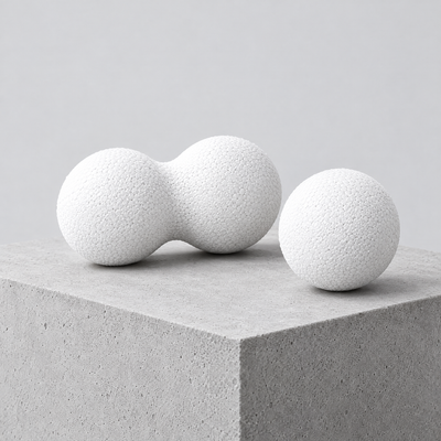 White peanut and round massage balls on a concrete block