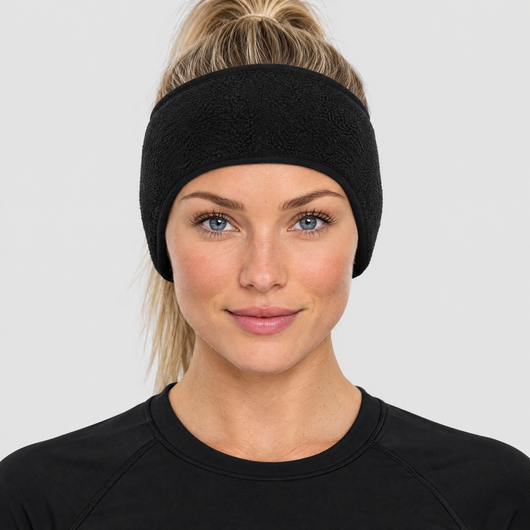 Runner wearing the black fleece ear warmer headband