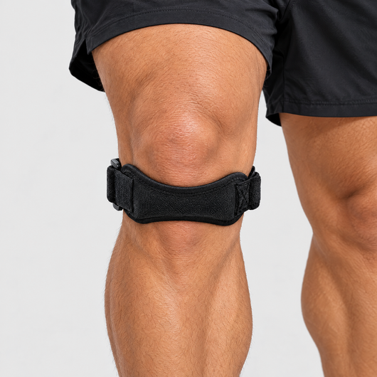Runner wearing a black patella knee strap