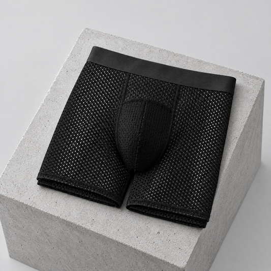 Black men's running boxer briefs folded on a concrete block