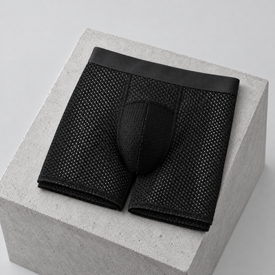 Black men's running boxer briefs folded on a concrete block