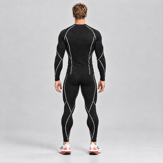 Men's thermal running base layer set in black – back view
