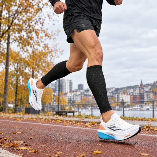 Runner mid-stride in calf compression sleeves