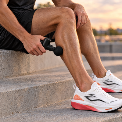 Runner using the mini massage gun on his calf after a run