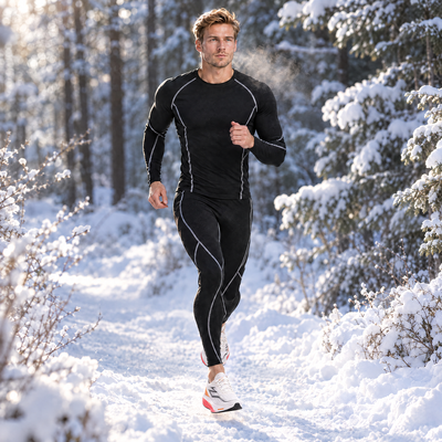 Man running on a snowy trail in the thermal base layer set