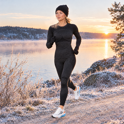 Woman running by a frosty lake in the thermal base layer set