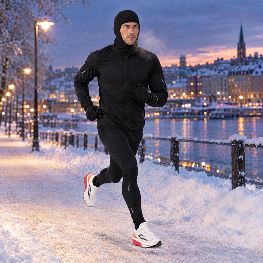 Runner in a balaclava on a snowy evening run