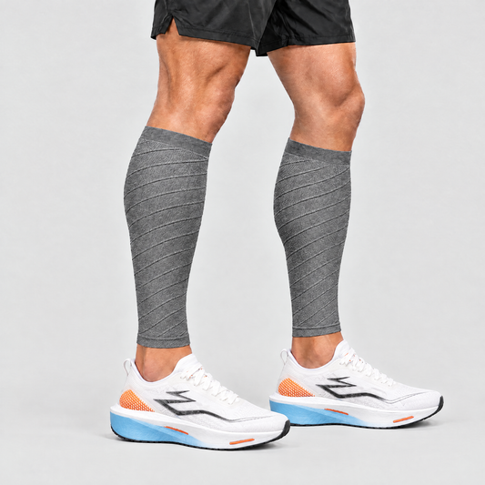 Runner wearing grey calf compression sleeves