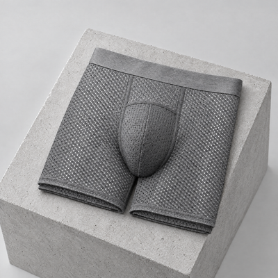 Grey men's running boxer briefs folded on a concrete block