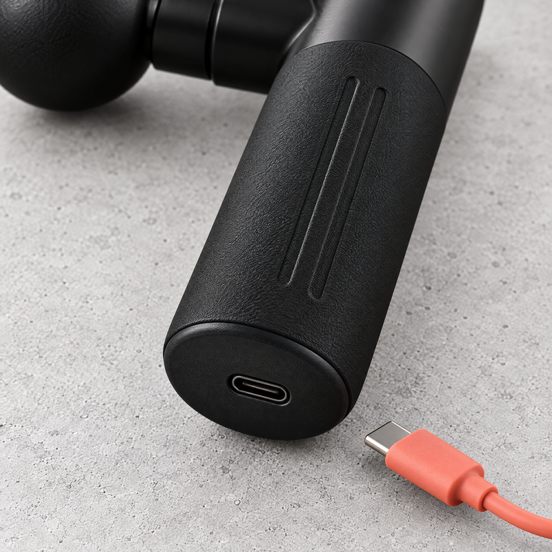 Close-up detail of the mini massage gun
