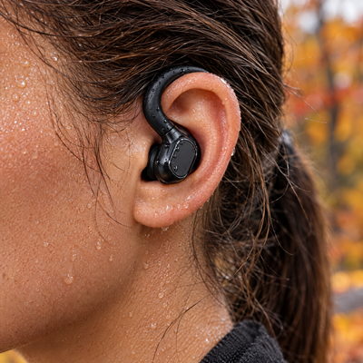 Close-up of the earbud inside the ear with the ear hook over the ear