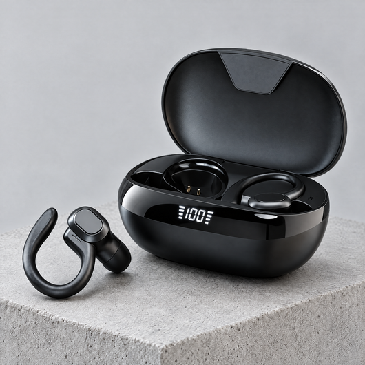 Black wireless sport earbuds with ear hooks and LED charging case on a concrete block