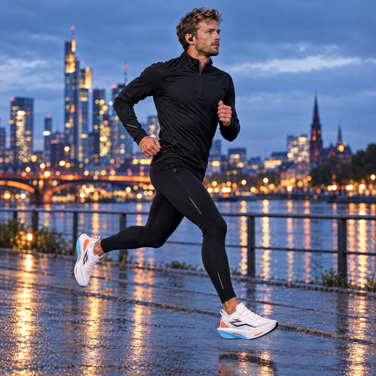 Man running at dusk with in-ear sport earbuds