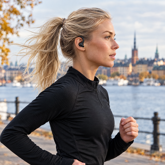 Woman running with the sport earbuds inside her ears