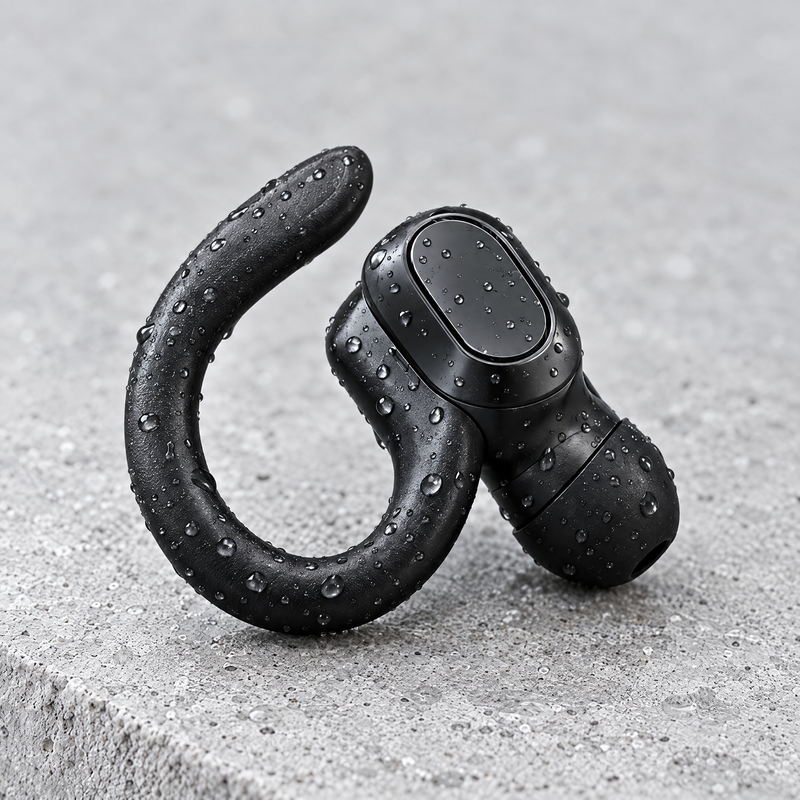 Sport earbud with ear hook and water droplets