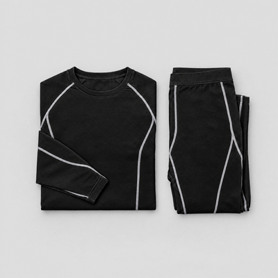 The men's thermal base layer set laid out flat