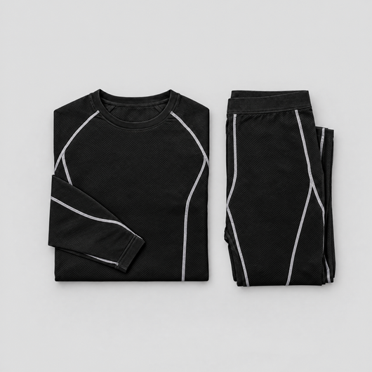 The men's thermal base layer set laid out flat