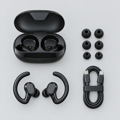 The sport earbuds laid out flat with case, ear tips and cable