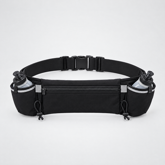 Black hydration running belt with two bottles