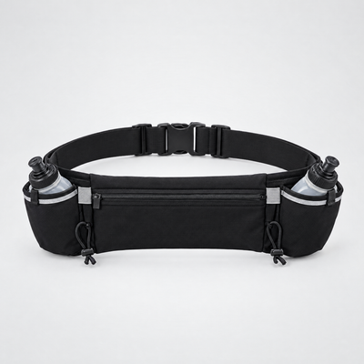 Black hydration running belt with two bottles