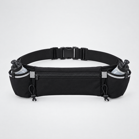Black hydration running belt with two bottles