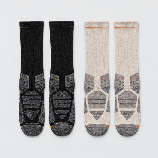 Merino running socks flat lay, black and beige