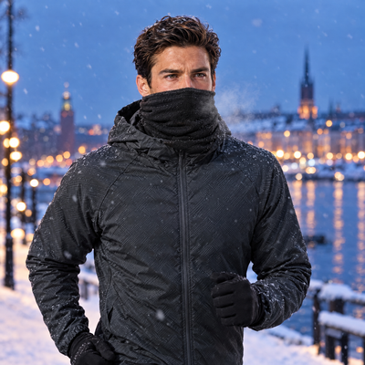 Man running in snow with the fleece neck gaiter pulled up