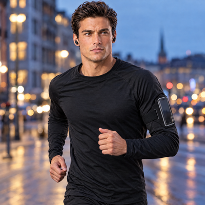 Man running in the city with the phone armband