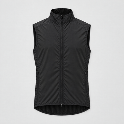 Black windproof running vest flat lay